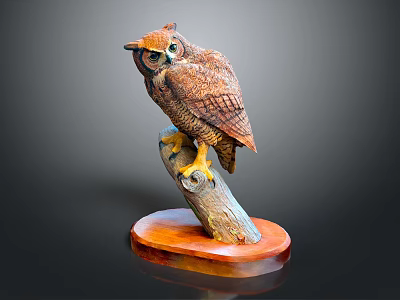 Detailed Handcrafted Brown Owl Wooden Sculpture Perched on Natural Branch Base 3d model