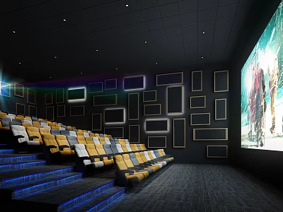 Cinema Interior With Yellow Black Seats Blue Steps Decorative Frames And Large Screen 3d model