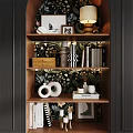 Wooden Chest of Drawers Under Arched Open Shelf With Black Wall and Grid Patterned Cabinets