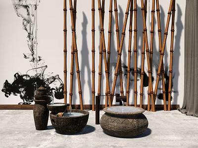 Garden Ornaments Featuring Bamboo Sticks Clay Pots And Water Basin With Ink Painting 3d model