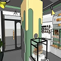 Vibrant Green And Yellow Dessert Shop Interior With Glass Display Cases And Pastry Posters