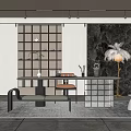Modern Tea Room Interior With Wooden Shelves Tea Table Stone Wall And Decorative Lamp