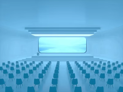 Modern Auditorium Interior With Rows Of Blue Chairs And Large Front Screen 3d model