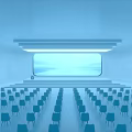 Modern Auditorium Interior With Rows Of Blue Chairs And Large Front Screen