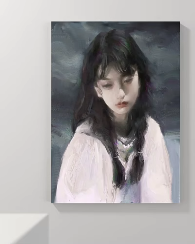 Portrait Painting of Young Female with Long Hair in Soft Artistic Tones 3d model