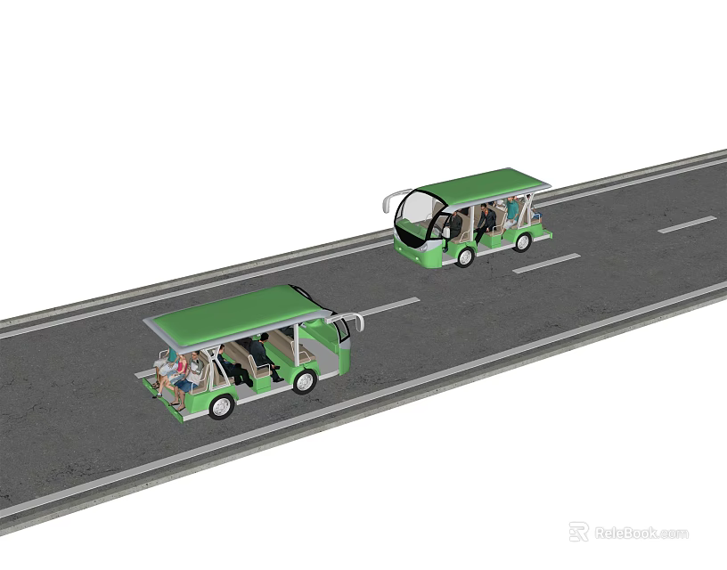 Two Green Open Top Vehicles Transporting Passengers On Urban Road 3d model