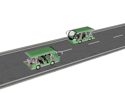 Two Green Open Top Vehicles Transporting Passengers On Urban Road 3d model