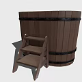 Wooden Barrel With Metal Hoops And Small Wooden Step Ladder