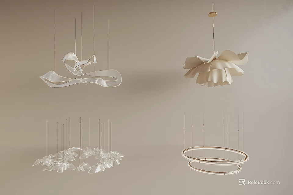 Modern Chandeliers With Floral Petal Geometric Ring And Flowing Fabric Designs In White 3d model 