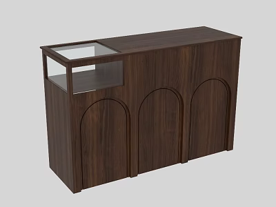 Wooden Bar Counter With Arched Doors And Glass Display Cabinet Design 3d model