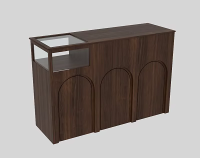 Wooden Bar Counter With Arched Doors And Glass Display Cabinet Design 3d model
