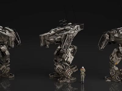 Game Character Three Detailed Giant Mechs With Small Human Figure Design 3d model