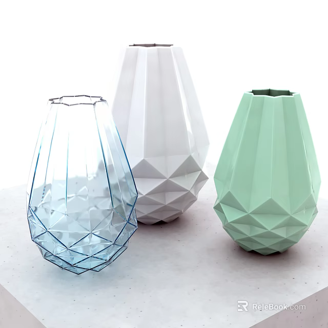 Modern Geometric Faceted Vases with Blue White and Mint Green Finishes for Floral Arrangements 3d model 