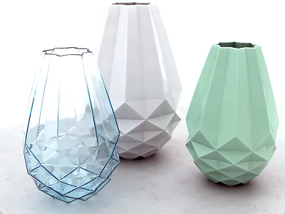 Modern Geometric Faceted Vases with Blue White and Mint Green Finishes for Floral Arrangements 3d model