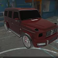 Red Mercedes Benz G Class SUV Parked In Parking Lot Next To Blue Building With Graffiti
