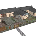 Traditional Homestay Architecture With Gray Tiled Roof Courtyard Stone Paved Path Lawn And Trees
