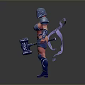 Female Warrior In Blue Armor With Helmet Holding Hammer And Purple Ribbons