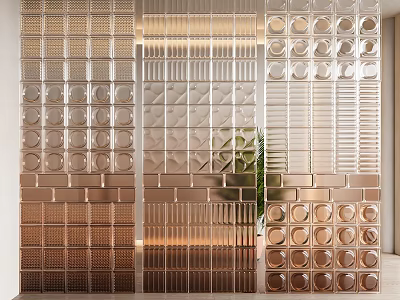 Modern Decorative Room Dividers With Geometric Patterns Rose Gold Metallic Finish And Green Plant Background 3d model