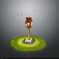 Sunlit Red Birdhouse On Wooden Pole With Green Grass And Falling Petals