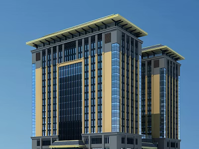 Modern Twin High Rise Office Buildings With Glass Curtain Walls And Decorative Tops 3d model