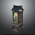 Chinese Traditional Architectural Structure with Green Roof Decorative Painting Panel and Lattice Design