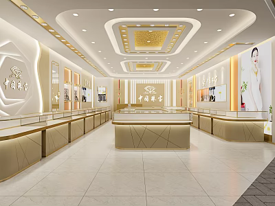 Luxurious Jewelry Store Interior With Gold Display Counters And Elegant Lighting 3d model