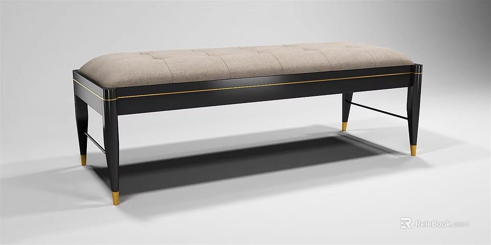 Modern Upholstered Bench With Beige Cushion Black Frame And Golden Legs 3d model 