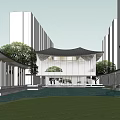 Modern Sales Office Building Night View With Water Pool And Surrounding Lighting Effects