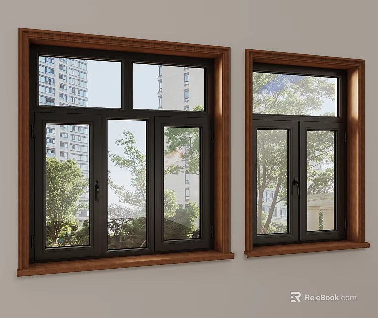 Wooden Frame Windows With Black Sashes And Outdoor Trees Buildings View 3d model 