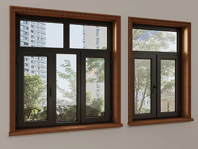 Wooden Frame Windows With Black Sashes And Outdoor Trees Buildings View 3d model
