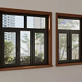 Wooden Frame Windows With Black Sashes And Outdoor Trees Buildings View
