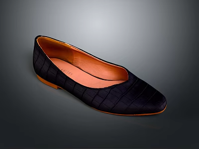 Stylish Black Satin Flat Shoes With Square Toe And Orange Lining Brown Sole 3d model