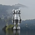 Metallic Silver Three Headed Doll Standing Against Mountain Landscape With Reflective Surface 3d model
