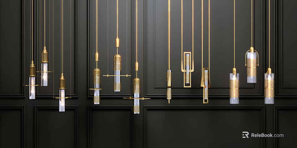 Modern Gold Glass Chandeliers Hanging On Black Wall Interior Decor Design 3d model 