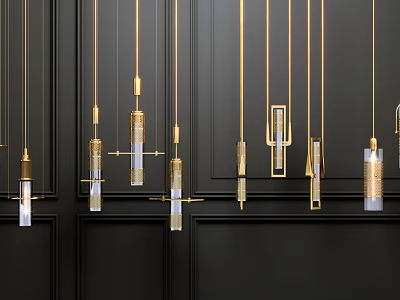 Modern Gold Glass Chandeliers Hanging On Black Wall Interior Decor Design 3d model