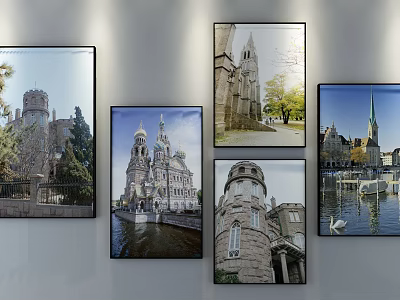 Landscape Paintings Featuring Churches Towers Water Scenes With Trees And Swans 3d model