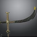 Decorative Scimitar With Golden Hilt Gemstone Accents And Black Patterned Blade