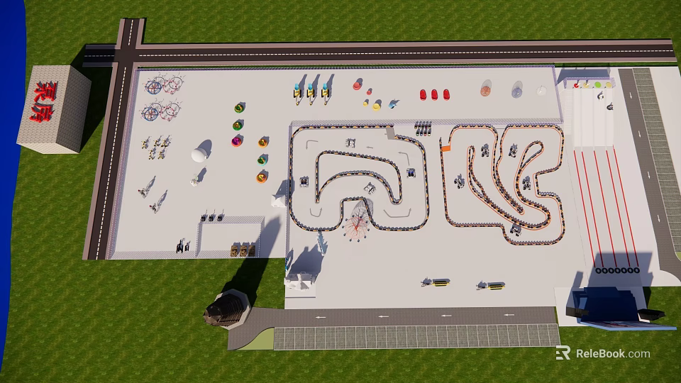 Outdoor Recreational Track Complex Featuring Curved Lanes Colorful Markers And Adjacent Parking Lot 3d model 
