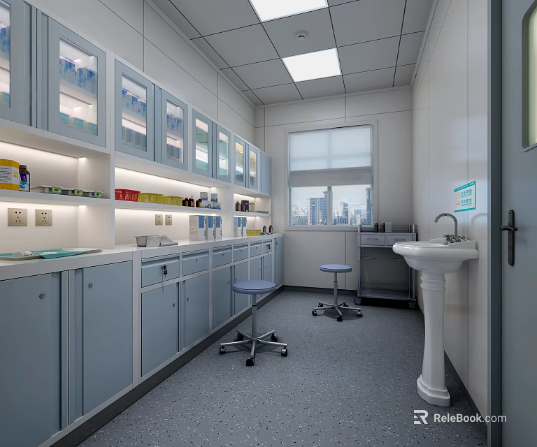 Professional Laboratory Workspace With Glass Fronted Cabinets Workbench Stools And Sink 3d model