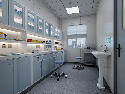 Professional Laboratory Workspace With Glass Fronted Cabinets Workbench Stools And Sink 3d model