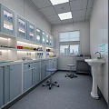 Professional Laboratory Workspace With Glass Fronted Cabinets Workbench Stools And Sink 3d model