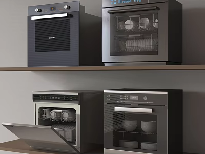 Black Kitchen Appliances With Glass Doors Ovens And Dishwashers On Shelves 3d model