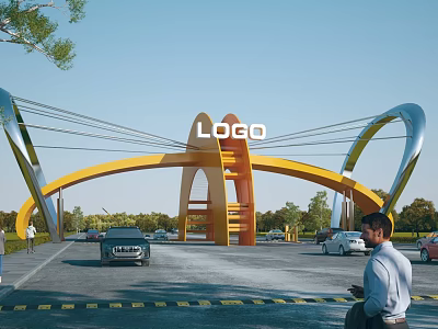 Modern Entrance Gate Featuring Yellow Silver Arch Design with LOGO on Top and Vehicles Pedestrians 3d model