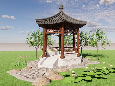 Traditional Chinese Garden Pavilion With Black Roof White Base Green Lawn And Lotus Plants 3d model