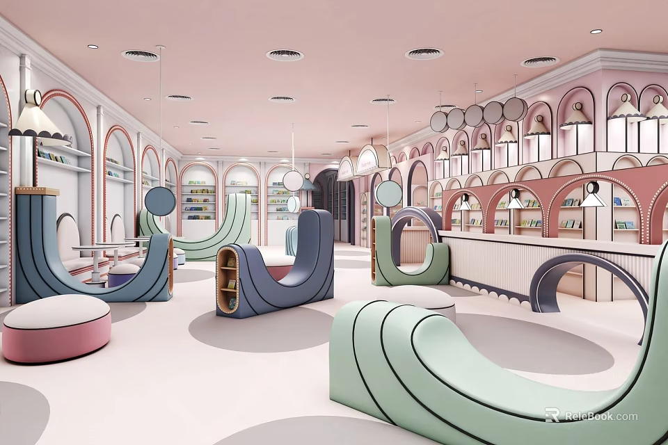 Creative Book Art Library Interior With Colorful Curved Seats Arched Windows And Pink Ceiling 3d model 