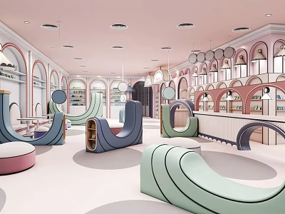 Creative Book Art Library Interior With Colorful Curved Seats Arched Windows And Pink Ceiling 3d model