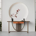 Minimalist Console Table Interior Design With Circular Backdrop Red Leaves Branch Decor 3d model