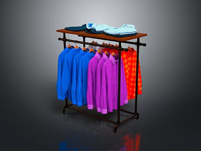 Colorful Casual Shirts Hanging on Metal Clothing Rack with Folded Clothes 3d model