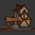 Rustic Cottage Building With Tiled Roof Chimney Stone Steps And Outdoor Fireplace Cart