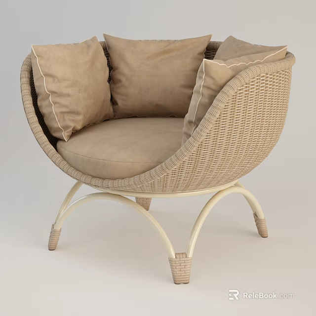 Rattan Curved Leisure Chair with Ergonomic Design Soft Cushion and Comfortable Pillows 3d model 